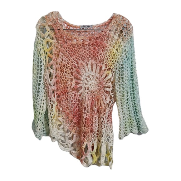 Tempo Paris Sweaters - Tempo Paris Womens Large Pastel Crochet Open Knit Floral Pullover Boho Sweater